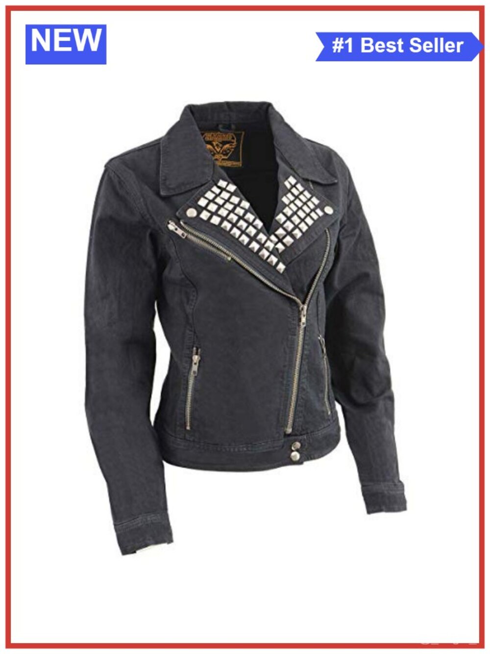 Studded Spiked Denim Jacket Snap Lapel Zip Front Long Sleeve Womens